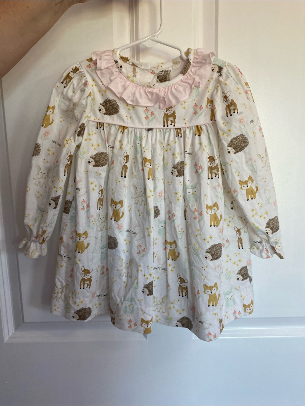 Girls Cream Woodland Animal dress with Pink Ruffle Collar by